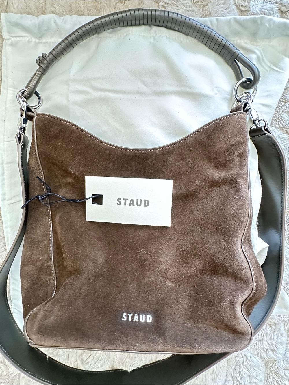 STAUD Mel Suede Shoulder Convertible Crossbody Bag with Leather Strap Truffle - Picture 3 of 9